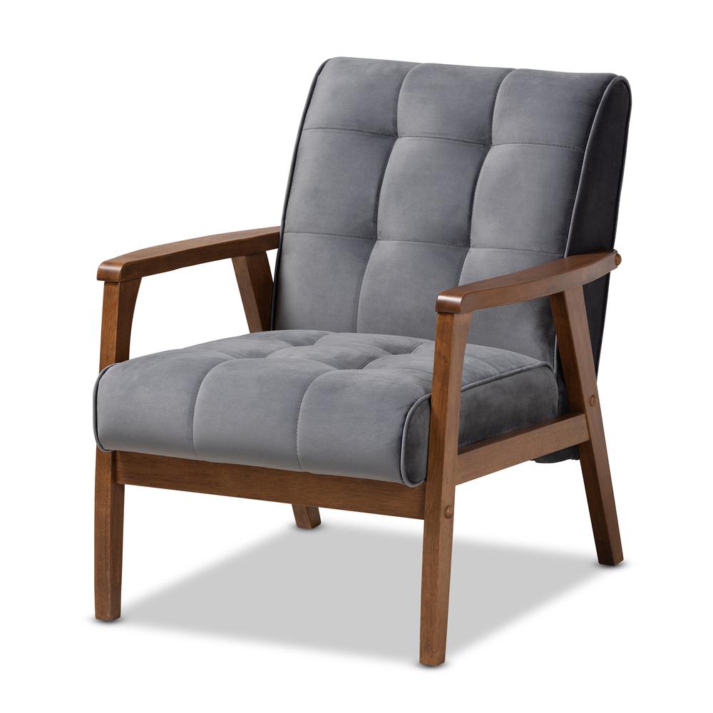 Baxton Studio Asta Mid-Century Modern Grey Velvet Fabric Upholstered Walnut Finished Wood Armchair. Picture 11