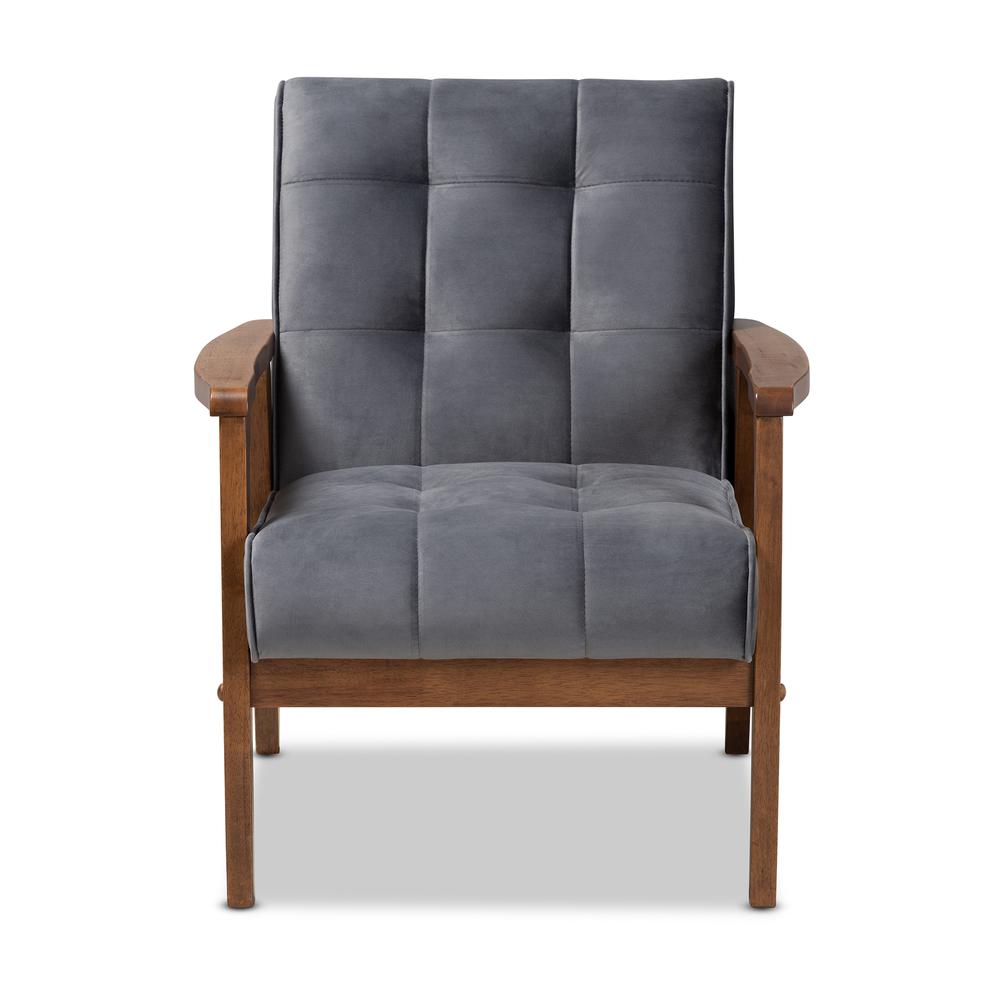 Baxton Studio Asta Mid-Century Modern Grey Velvet Fabric Upholstered Walnut Finished Wood Armchair. Picture 12