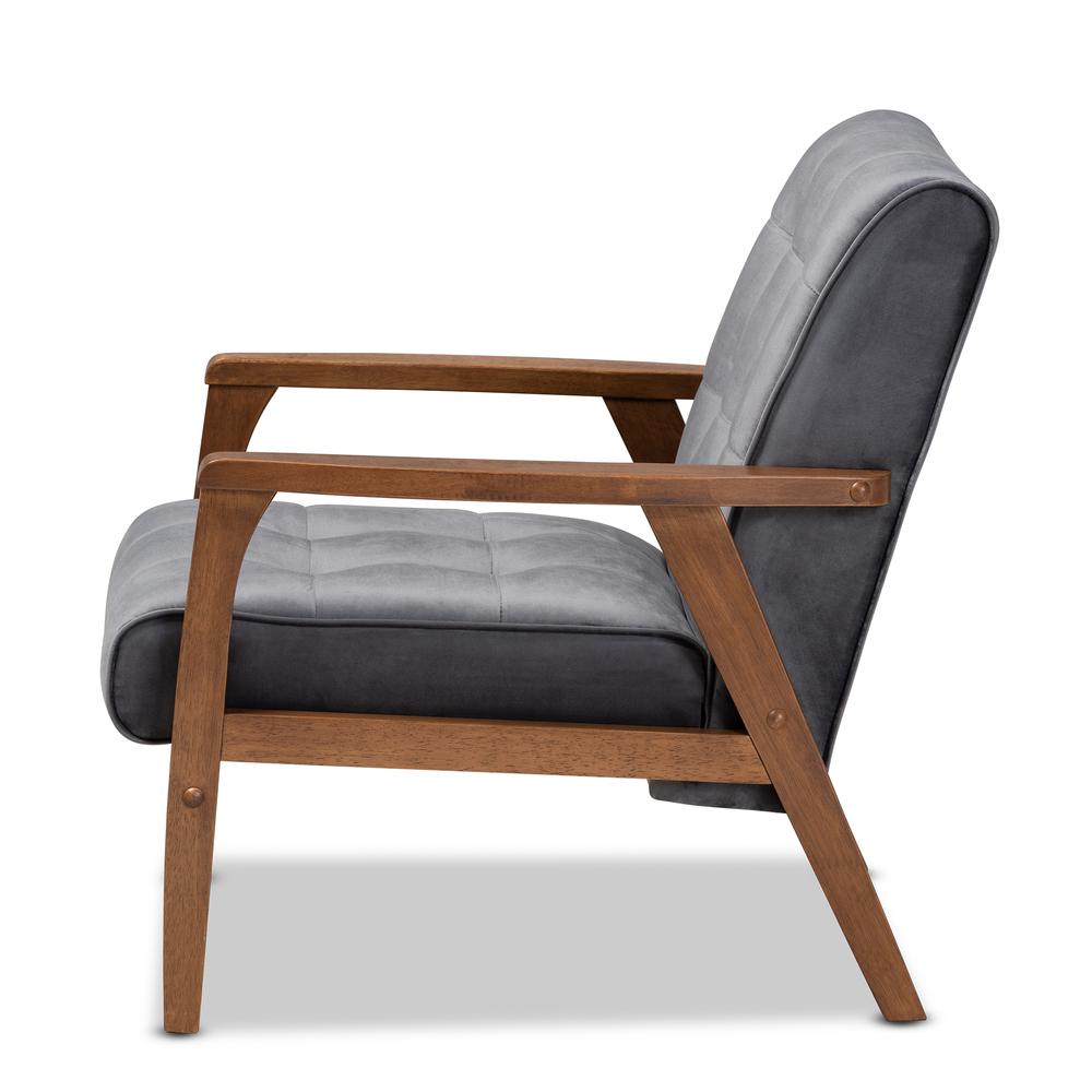 Baxton Studio Asta Mid-Century Modern Grey Velvet Fabric Upholstered Walnut Finished Wood Armchair. Picture 13