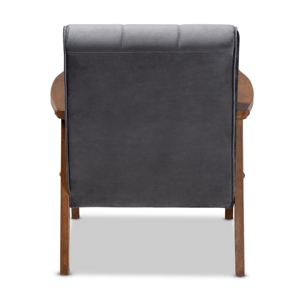 Baxton Studio Asta Mid-Century Modern Grey Velvet Fabric Upholstered Walnut Finished Wood Armchair. Picture 14