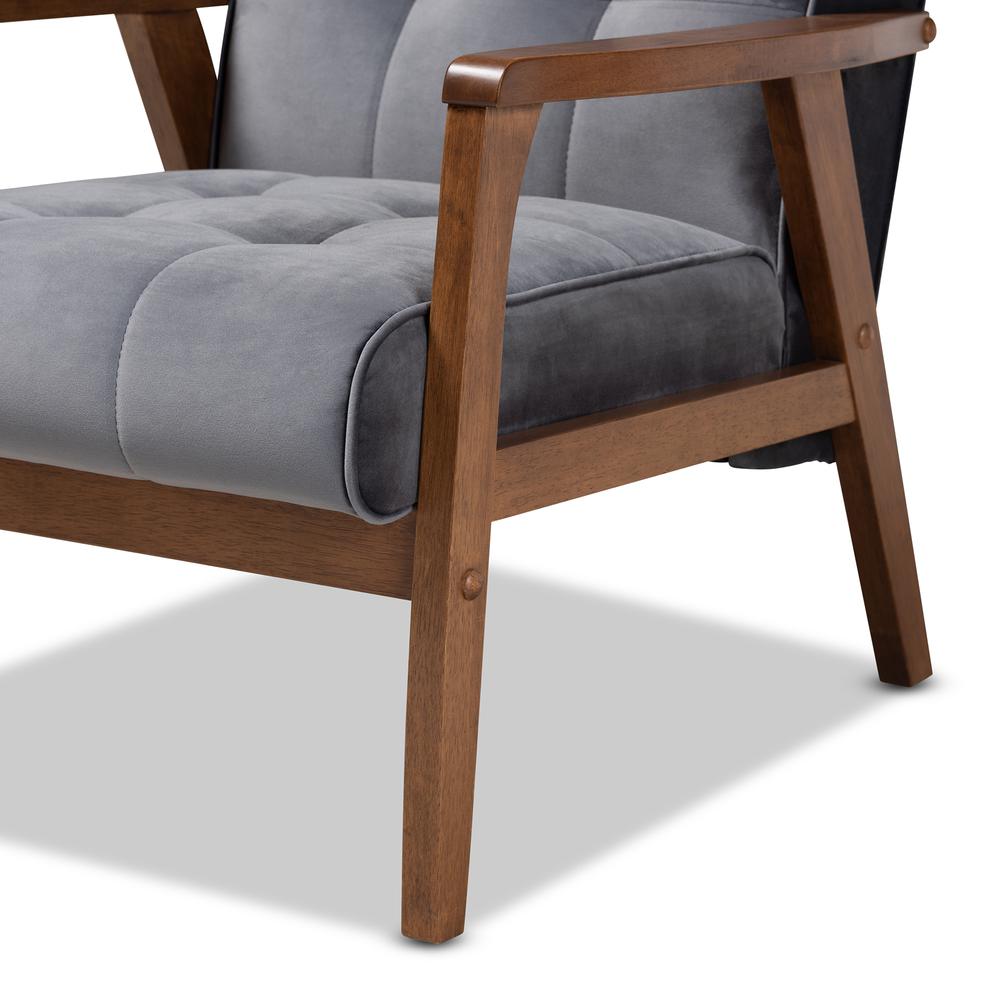 Baxton Studio Asta Mid-Century Modern Grey Velvet Fabric Upholstered Walnut Finished Wood Armchair. Picture 16