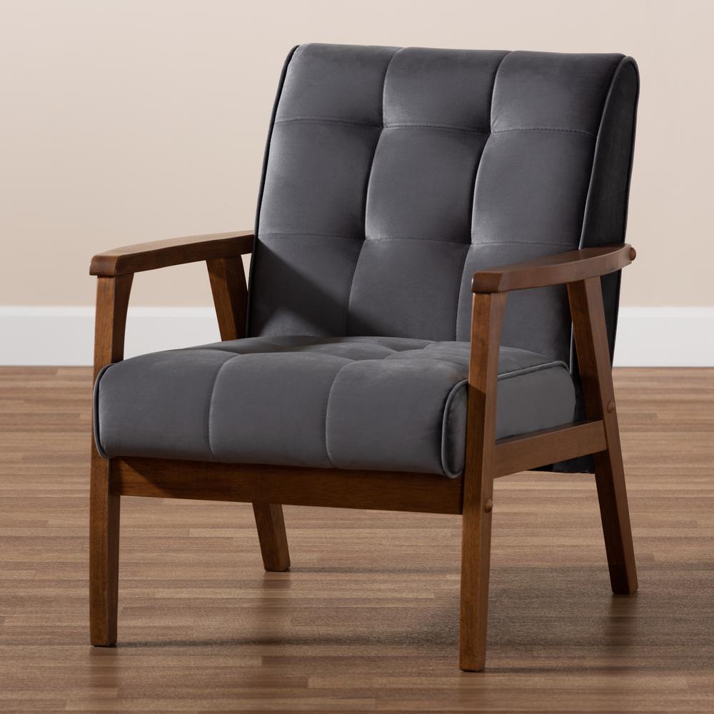 Baxton Studio Asta Mid-Century Modern Grey Velvet Fabric Upholstered Walnut Finished Wood Armchair. Picture 18