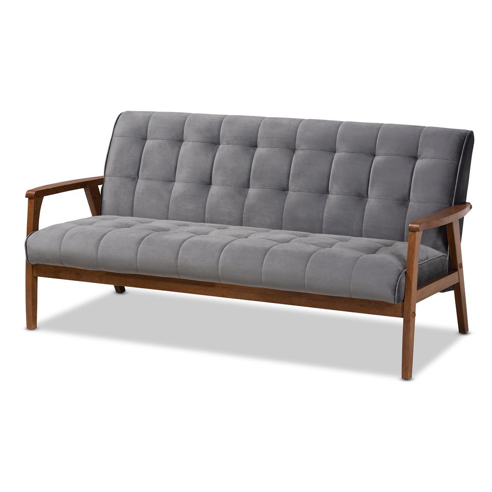Grey Velvet Fabric Upholstered Walnut Finished Wood 3-Piece Living Room Set. Picture 11
