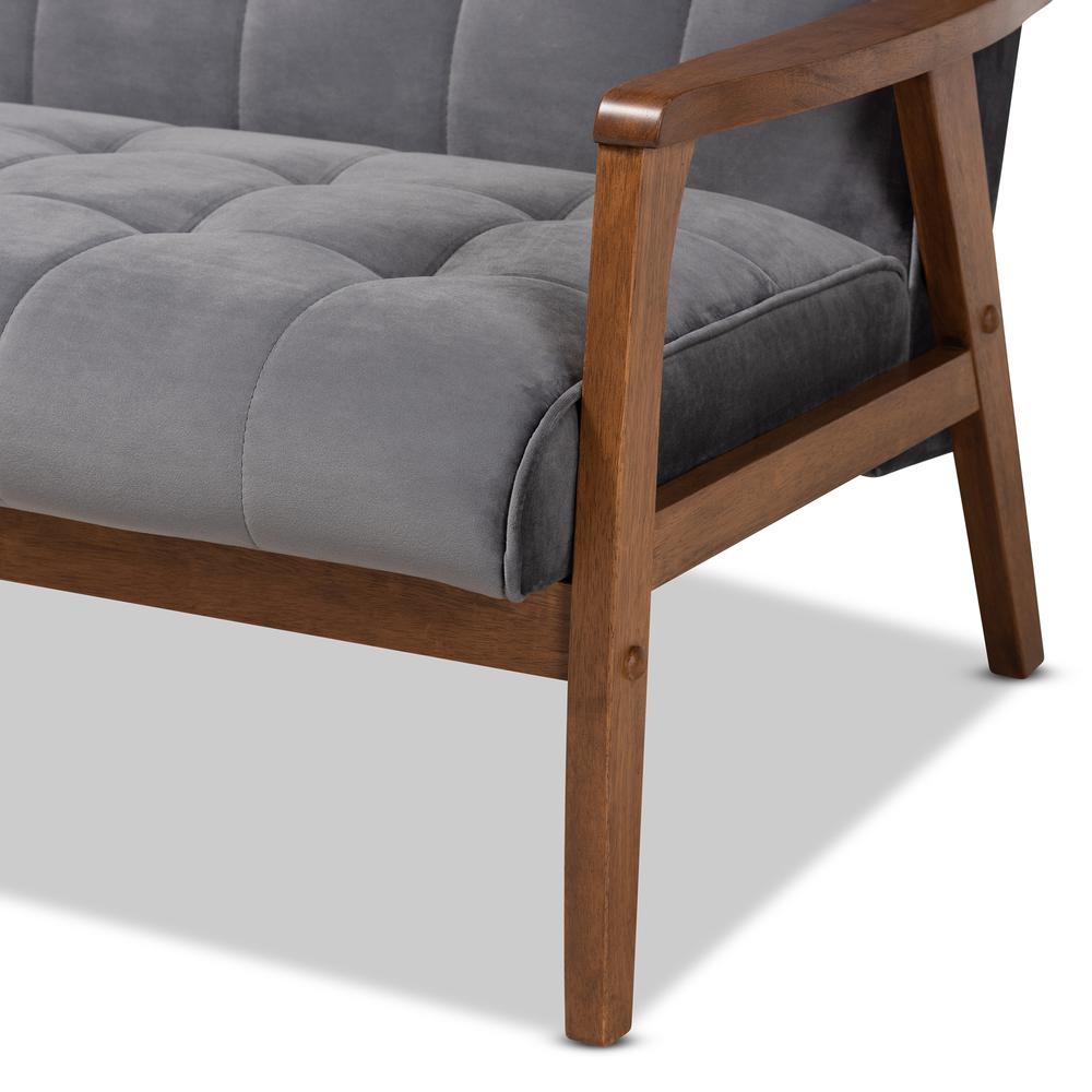 Grey Velvet Fabric Upholstered Walnut Finished Wood 3-Piece Living Room Set. Picture 13