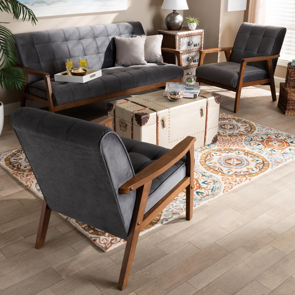 Baxton Studio Asta Mid-Century Modern Grey Velvet Fabric Upholstered Walnut Finished Wood 3-Piece Living Room Set. Picture 7