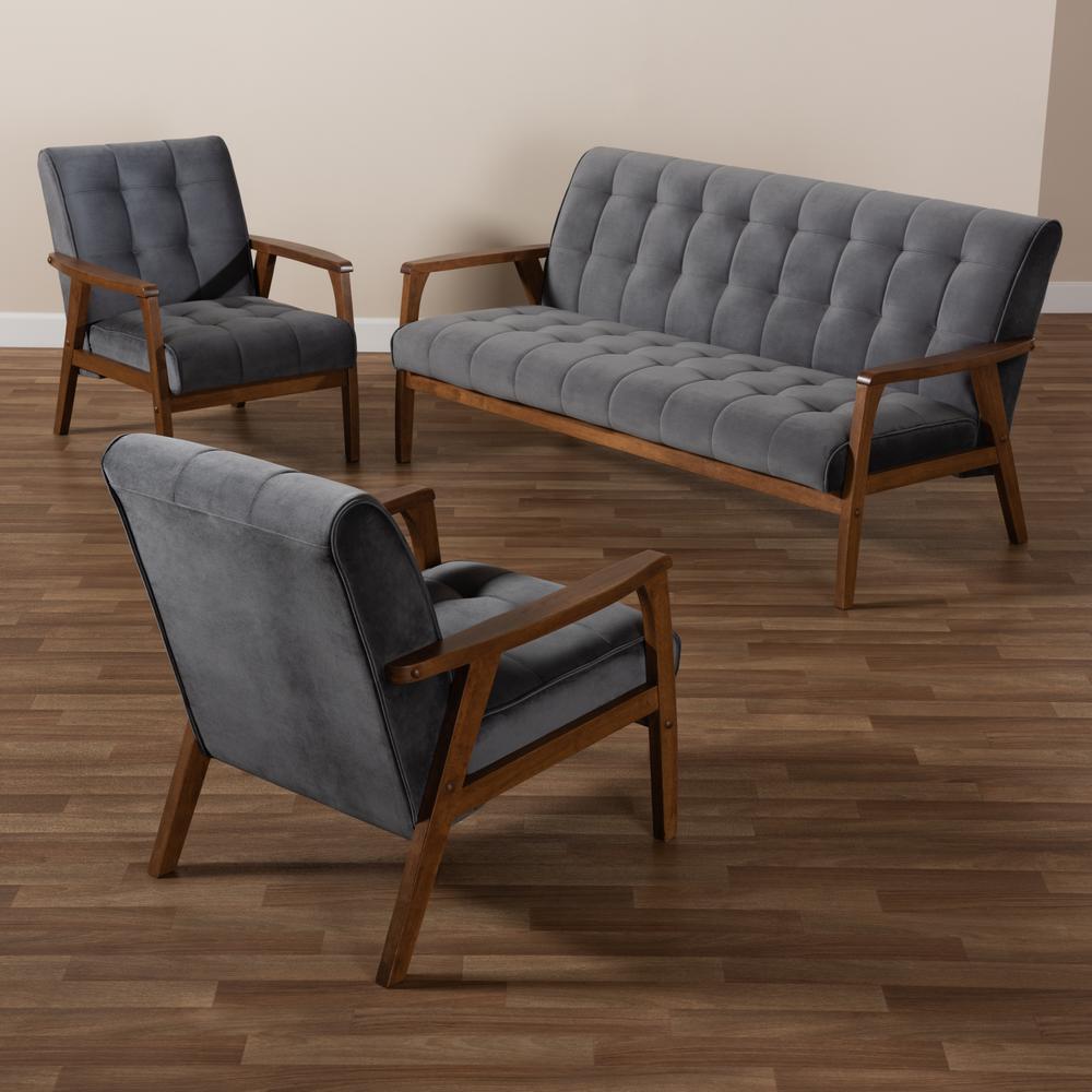 Grey Velvet Fabric Upholstered Walnut Finished Wood 3-Piece Living Room Set. Picture 15