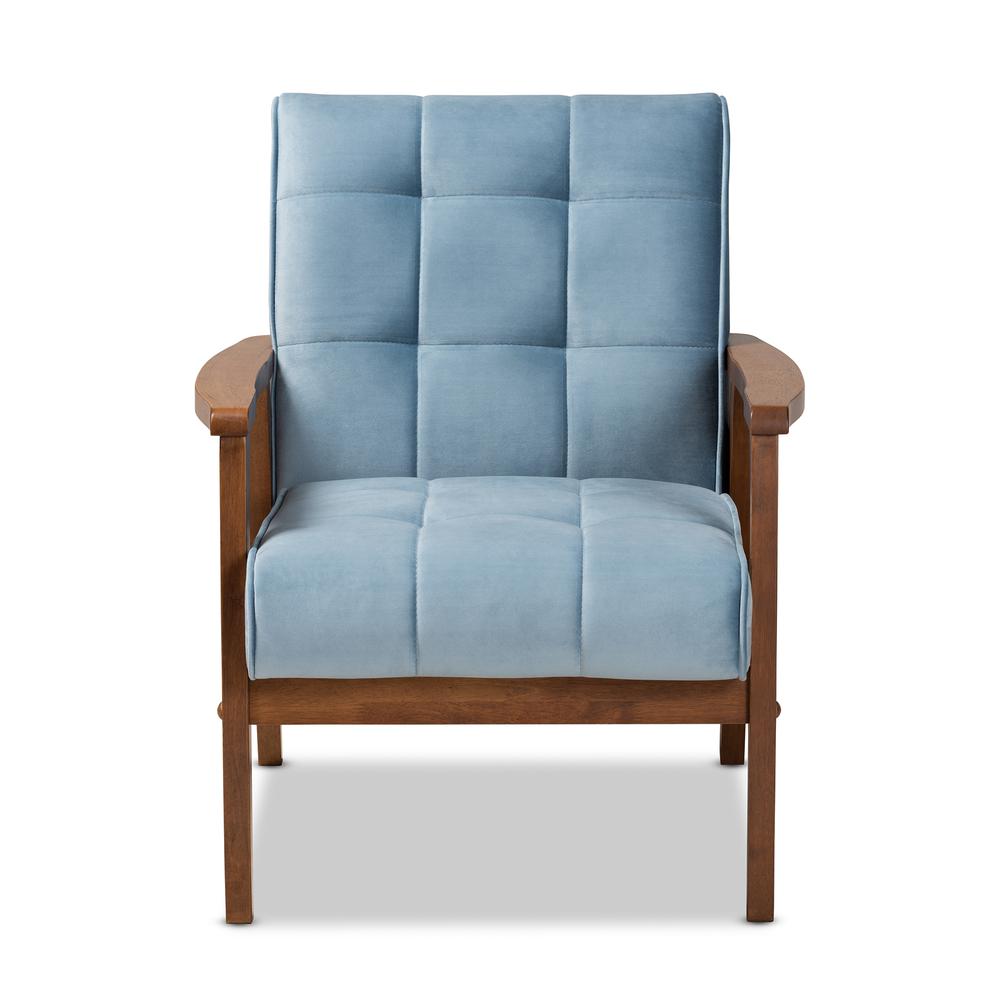 Baxton Studio Asta Mid-Century Modern Light Blue Velvet Fabric Upholstered Walnut Finished Wood Armchair. Picture 12