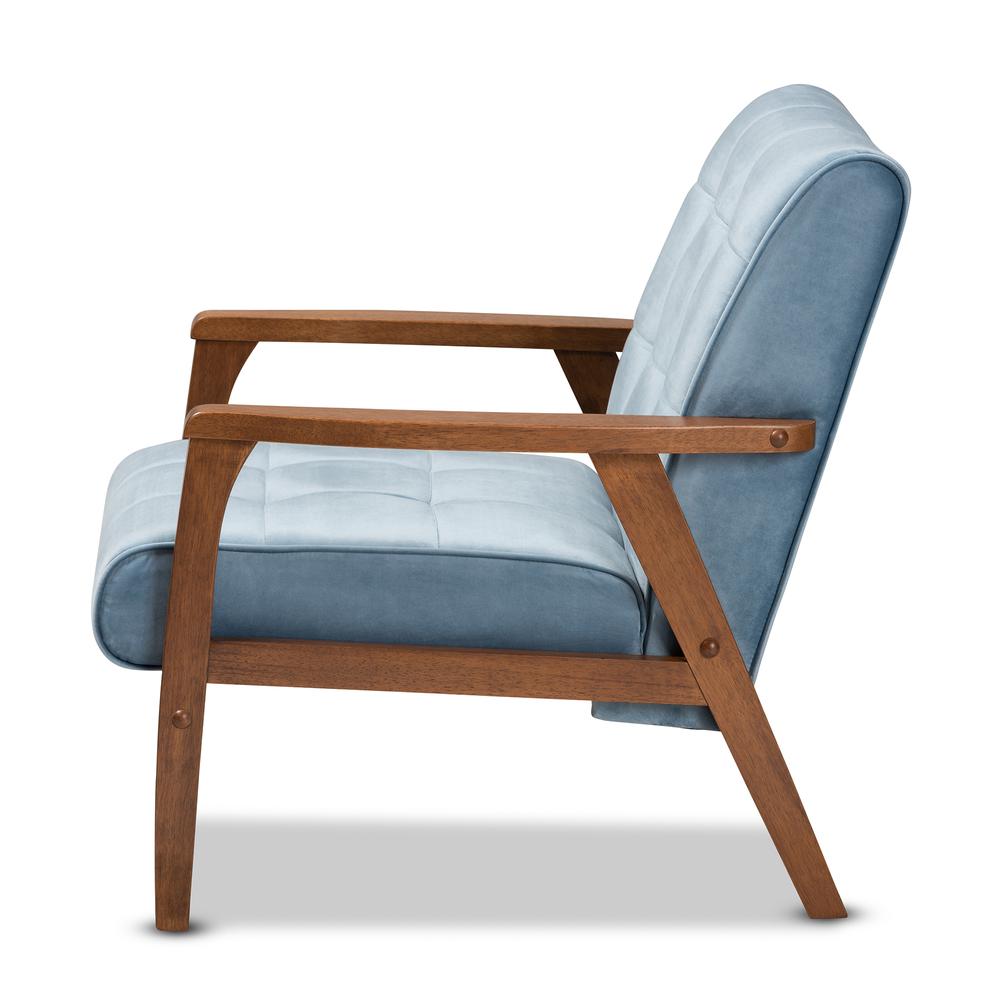 Baxton Studio Asta Mid-Century Modern Light Blue Velvet Fabric Upholstered Walnut Finished Wood Armchair. Picture 13