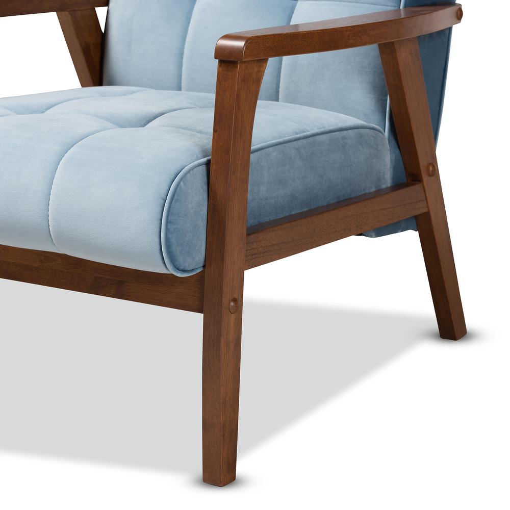Baxton Studio Asta Mid-Century Modern Light Blue Velvet Fabric Upholstered Walnut Finished Wood Armchair. Picture 16