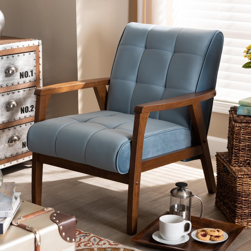 Baxton Studio Asta Mid-Century Modern Light Blue Velvet Fabric Upholstered Walnut Finished Wood Armchair. Picture 8