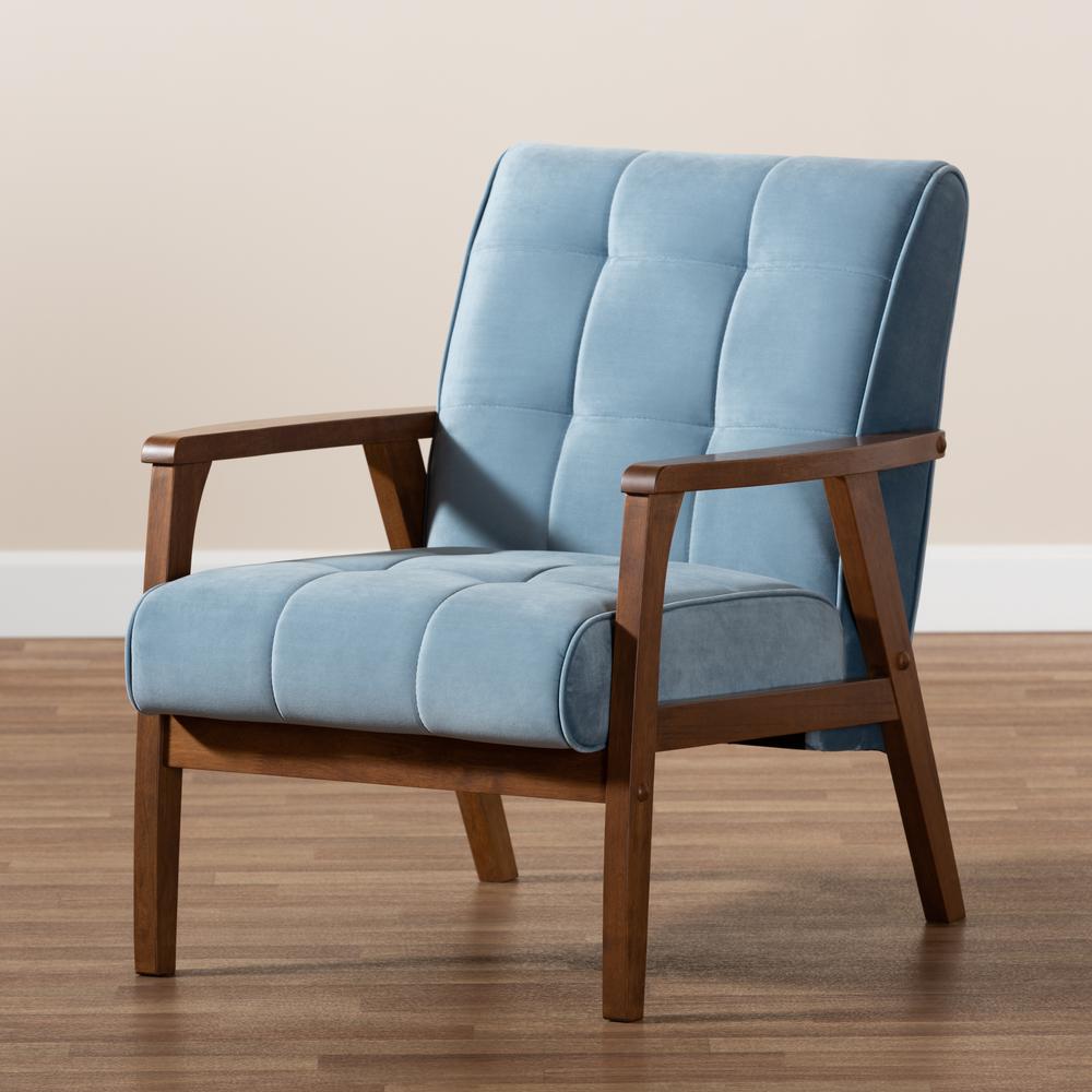 Baxton Studio Asta Mid-Century Modern Light Blue Velvet Fabric Upholstered Walnut Finished Wood Armchair. Picture 18