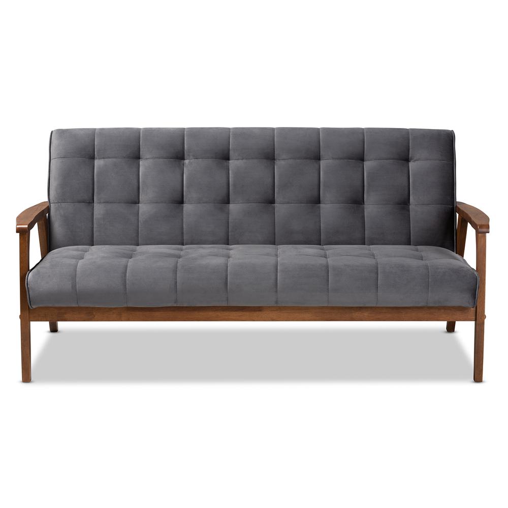 Baxton Studio Asta Mid-Century Modern Grey Velvet Fabric Upholstered Walnut Finished Wood Sofa. Picture 12