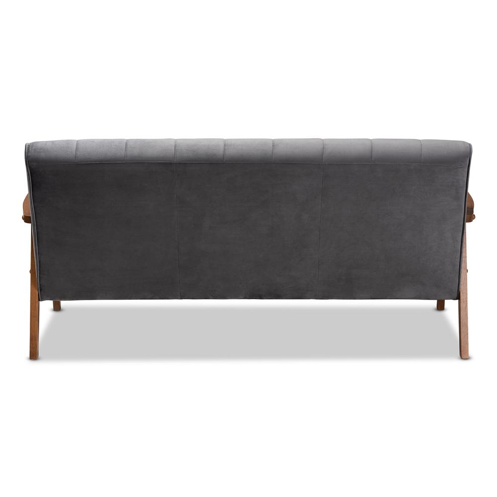 Baxton Studio Asta Mid-Century Modern Grey Velvet Fabric Upholstered Walnut Finished Wood Sofa. Picture 14