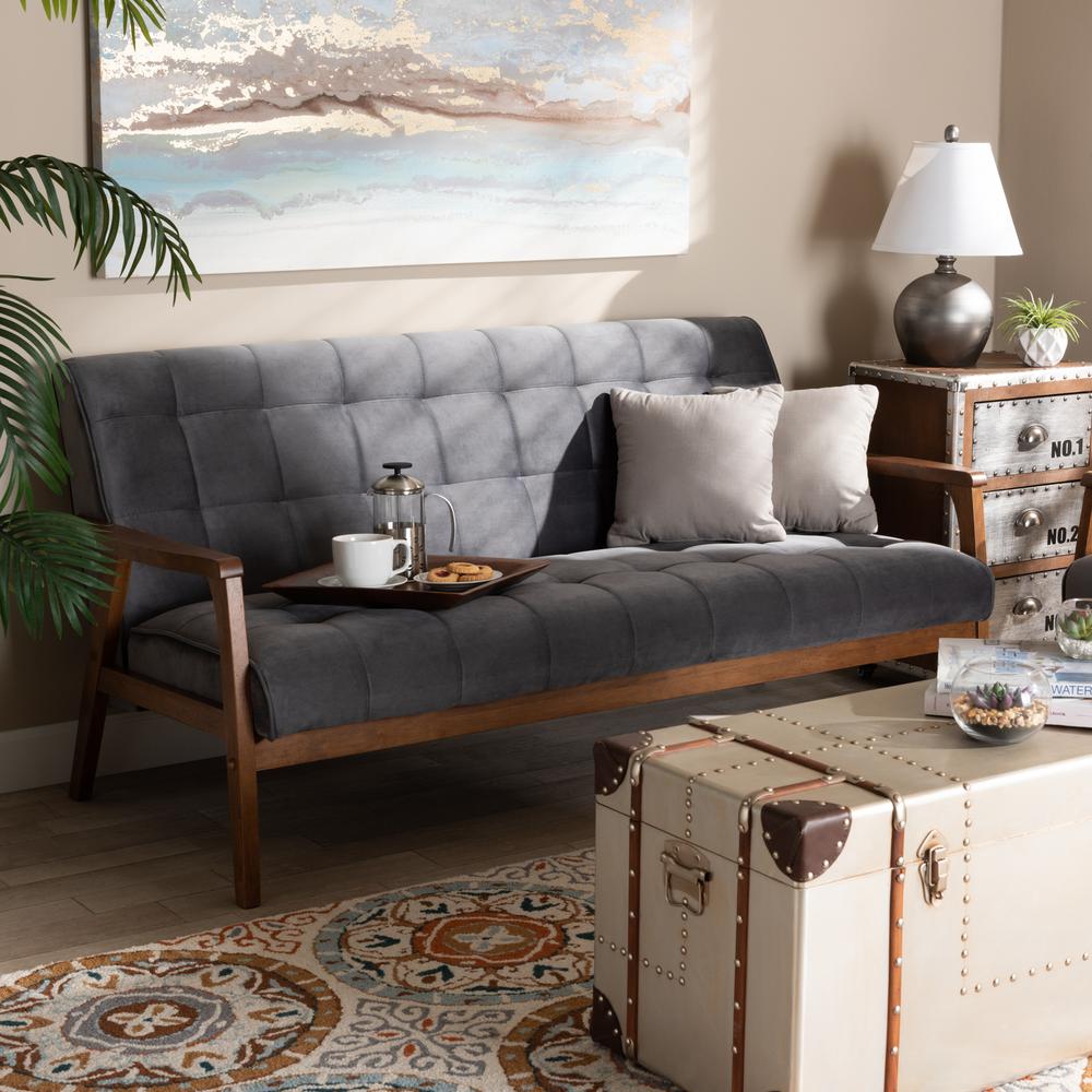 Baxton Studio Asta Mid-Century Modern Grey Velvet Fabric Upholstered Walnut Finished Wood Sofa. Picture 8
