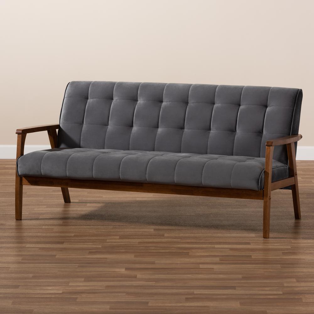 Baxton Studio Asta Mid-Century Modern Grey Velvet Fabric Upholstered Walnut Finished Wood Sofa. Picture 18