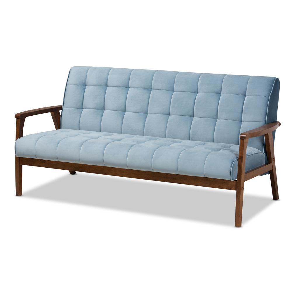 Baxton Studio Asta Mid-Century Modern Light Blue Velvet Fabric Upholstered Walnut Finished Wood Sofa. Picture 11