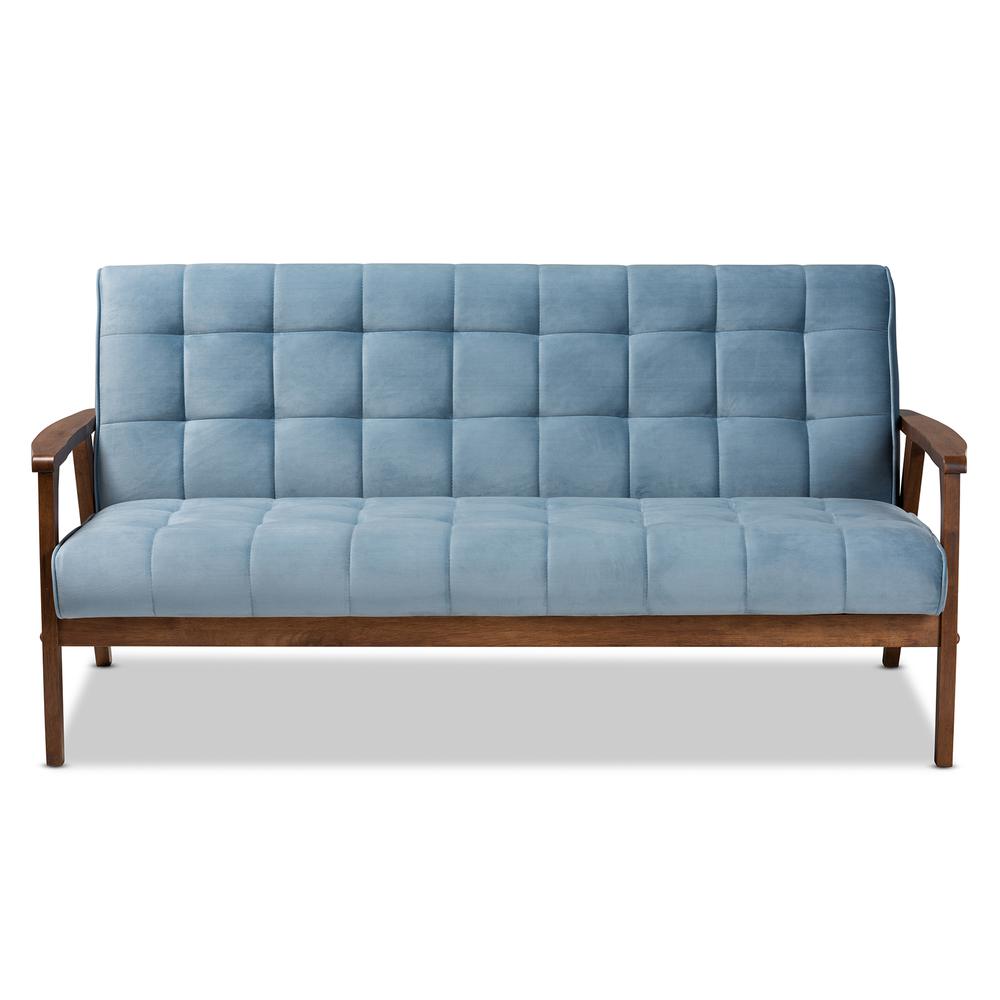 Baxton Studio Asta Mid-Century Modern Light Blue Velvet Fabric Upholstered Walnut Finished Wood Sofa. Picture 12