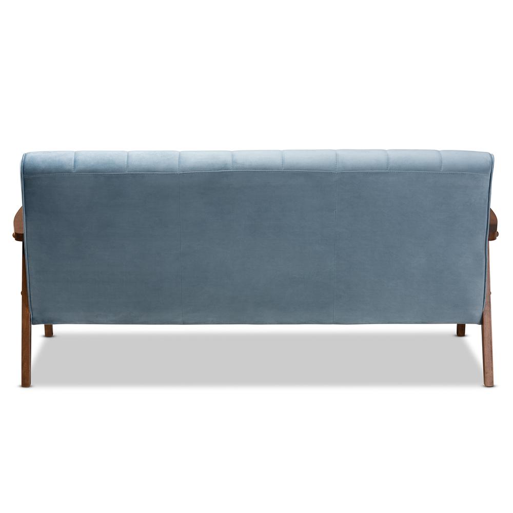 Baxton Studio Asta Mid-Century Modern Light Blue Velvet Fabric Upholstered Walnut Finished Wood Sofa. Picture 14