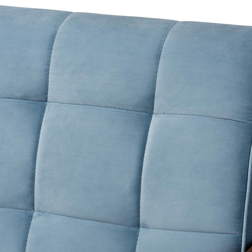 Baxton Studio Asta Mid-Century Modern Light Blue Velvet Fabric Upholstered Walnut Finished Wood Sofa. Picture 15