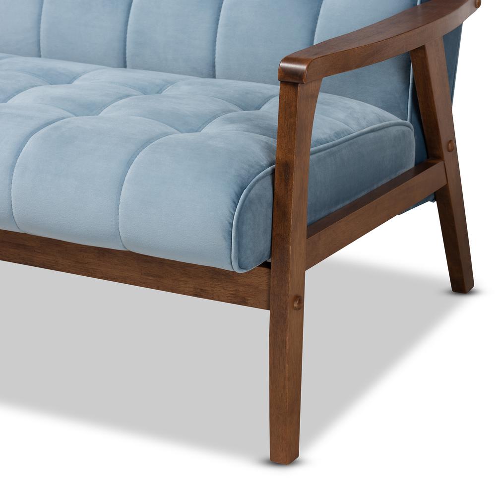 Baxton Studio Asta Mid-Century Modern Light Blue Velvet Fabric Upholstered Walnut Finished Wood Sofa. Picture 16