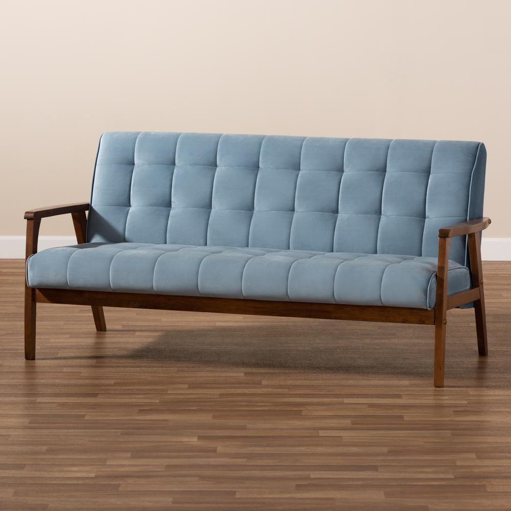 Baxton Studio Asta Mid-Century Modern Light Blue Velvet Fabric Upholstered Walnut Finished Wood Sofa. Picture 18