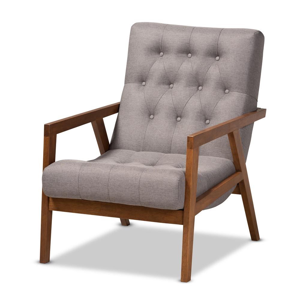 Naeva Mid-Century Modern Grey Fabric Upholstered Walnut Finished Wood Armchair. Picture 10