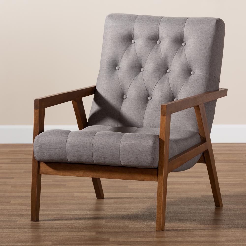 Naeva Mid-Century Modern Grey Fabric Upholstered Walnut Finished Wood Armchair. Picture 17