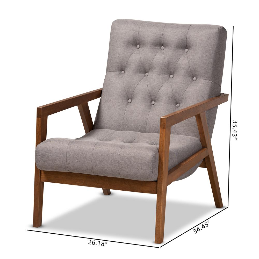 Naeva Mid-Century Modern Grey Fabric Upholstered Walnut Finished Wood Armchair. Picture 18