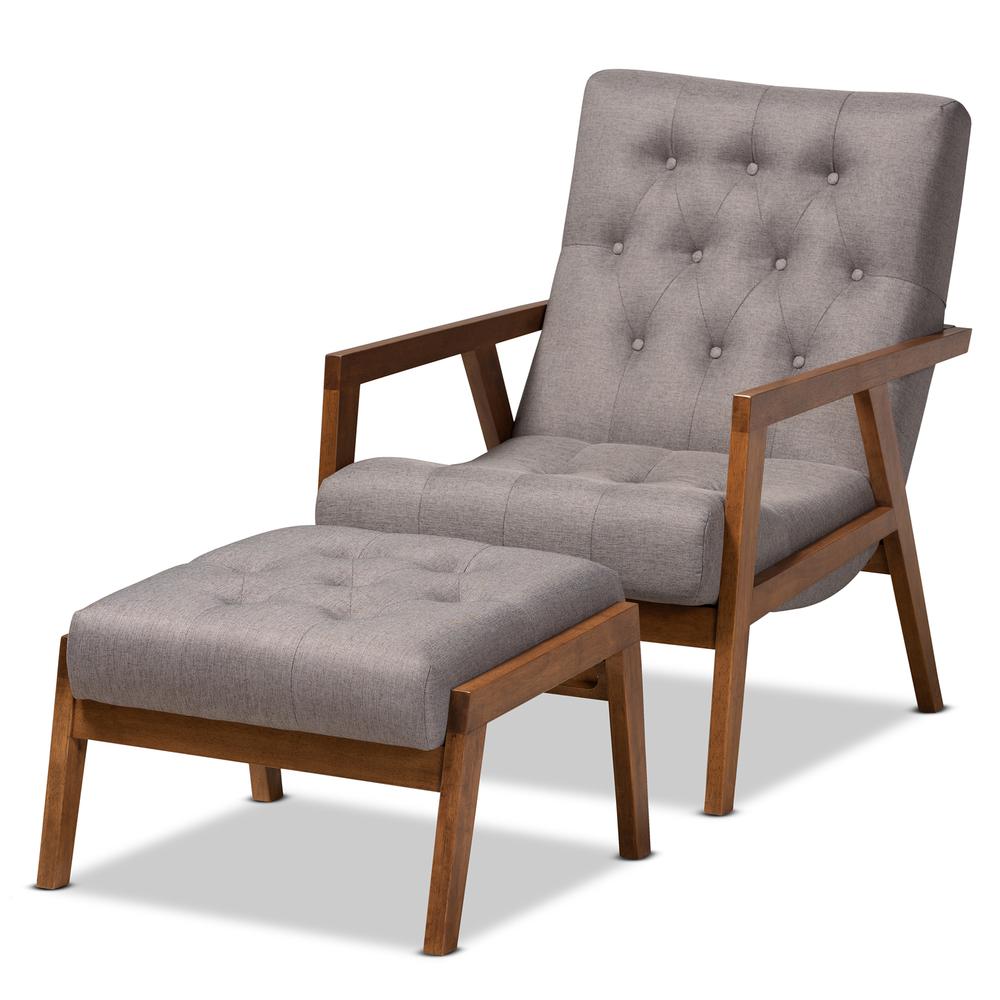 Baxton Studio Naeva Mid-Century Modern Grey Fabric Upholstered Walnut Finished Wood 2-Piece Armchair and Footstool Set. Picture 15