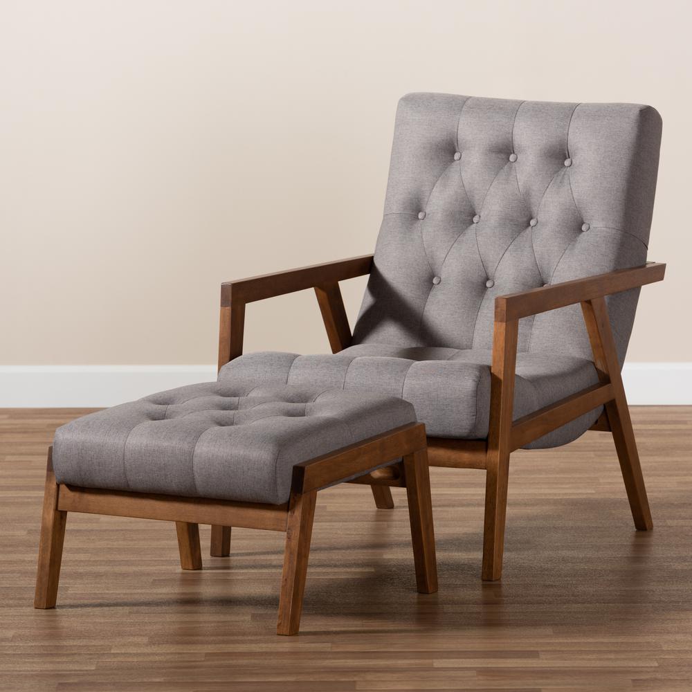Baxton Studio Naeva Mid-Century Modern Grey Fabric Upholstered Walnut Finished Wood 2-Piece Armchair and Footstool Set. Picture 26