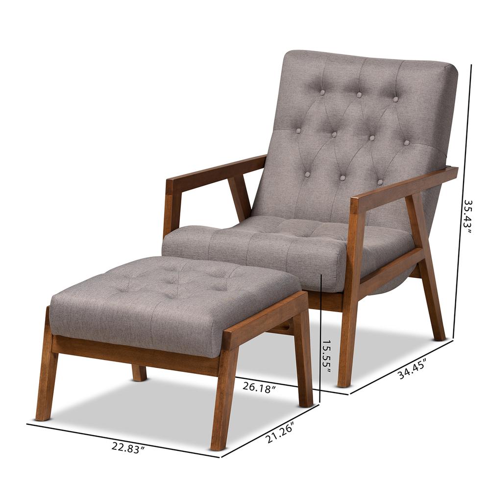 Baxton Studio Naeva Mid-Century Modern Grey Fabric Upholstered Walnut Finished Wood 2-Piece Armchair and Footstool Set. Picture 27