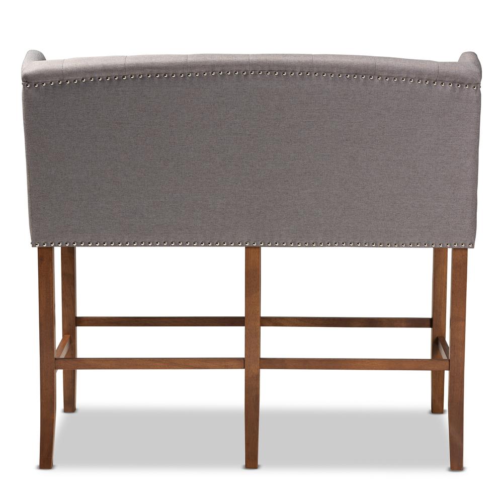 Grey Fabric Upholstered Walnut Finished Wood Button Tufted Bar Stool Bench. Picture 14