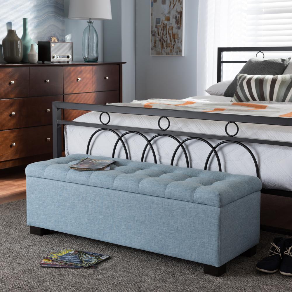 Light Blue Fabric Upholstered Grid-Tufting Storage Ottoman Bench. Picture 11