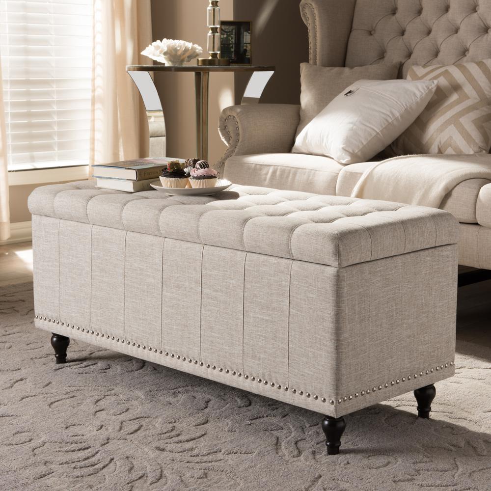 Classic Beige Fabric Upholstered Button-Tufting Storage Ottoman Bench. Picture 11