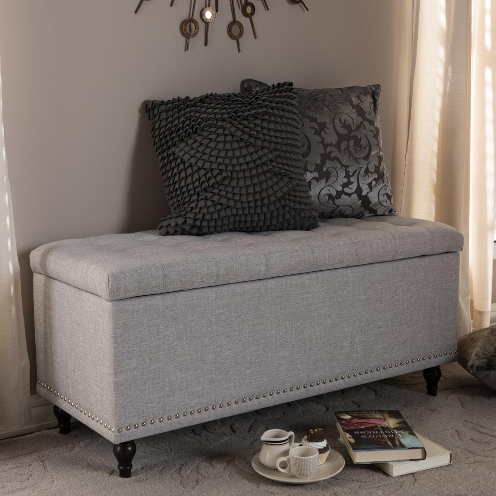 Classic Grayish Beige Fabric Upholstered Button-Tufting Storage Ottoman Bench. Picture 11
