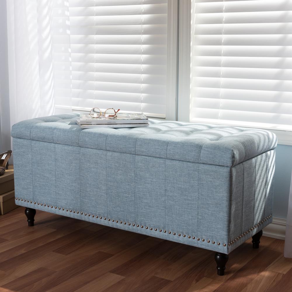 Classic Light Blue Fabric Upholstered Button-Tufting Storage Ottoman Bench. Picture 11