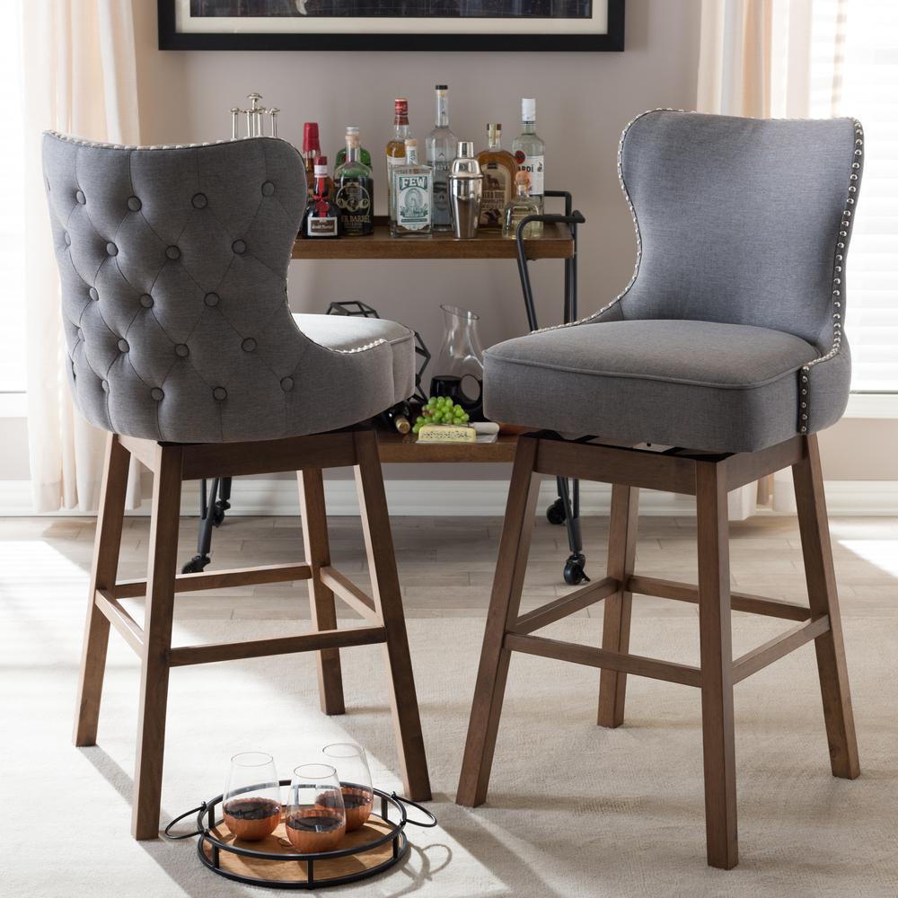 Grey Fabric Button-Tufted Upholstered 2-Piece Swivel Barstool Set. Picture 9
