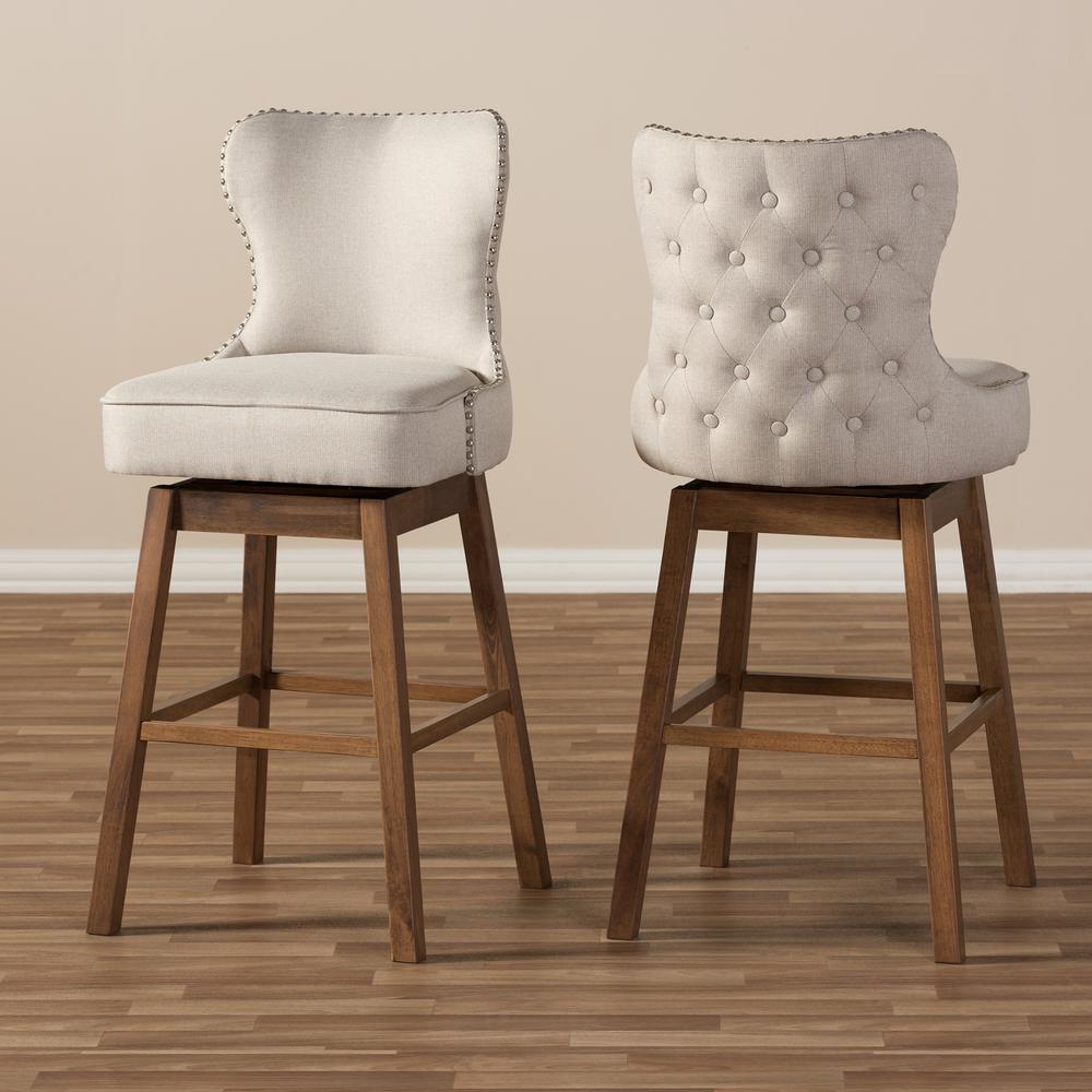 Light Beige Fabric Button-Tufted Upholstered 2-Piece Swivel Barstool Set. Picture 16