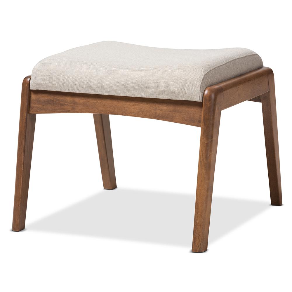 Walnut Wood Finishing and Light Beige Fabric Upholstered Ottoman. Picture 7