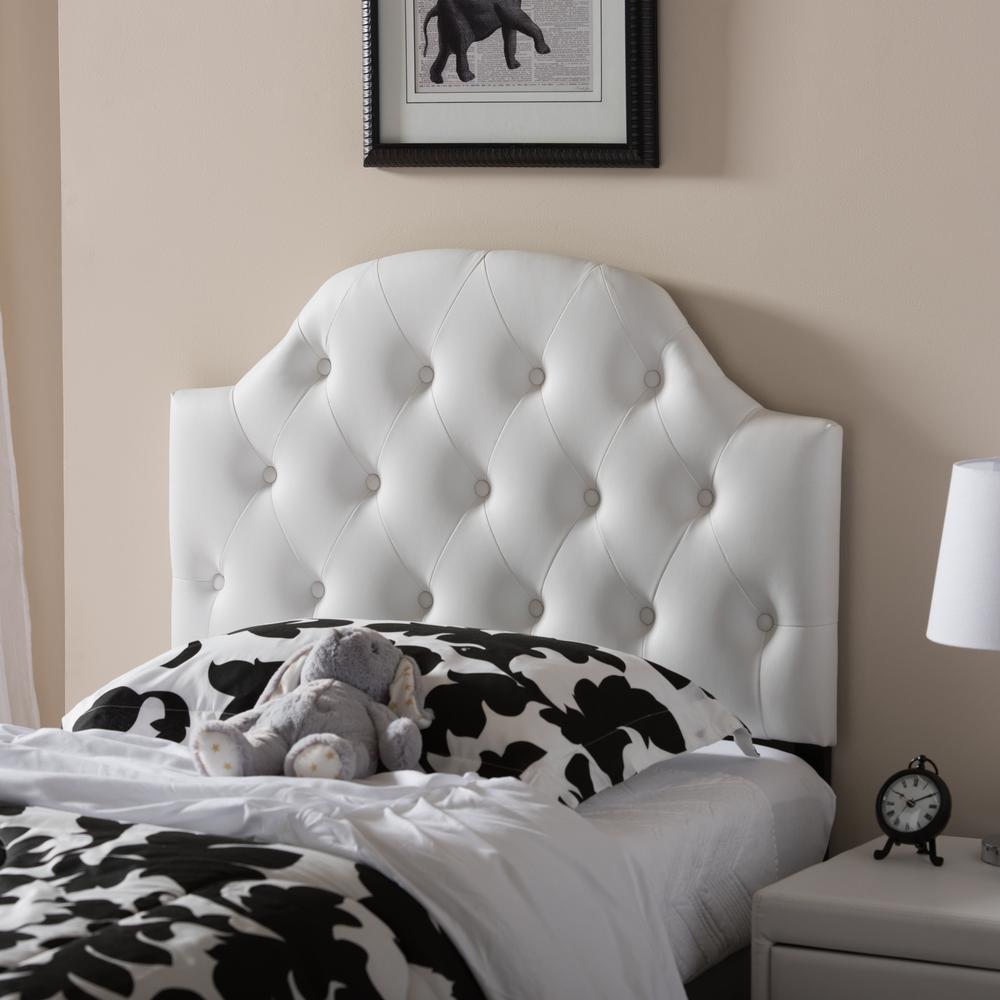 White Faux Leather Upholstered Button-Tufted Scalloped Twin Size Headboard. Picture 5