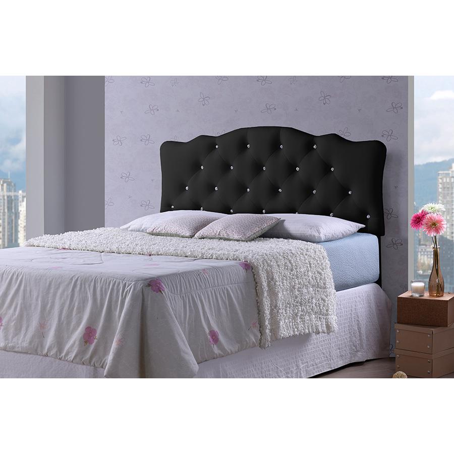 Queen Size Black Faux Leather Upholstered Button-tufted Scalloped Headboard. Picture 1