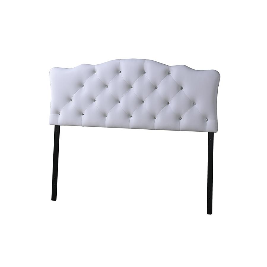 Queen Size White Faux Leather Upholstered Button-tufted Scalloped Headboard. Picture 2