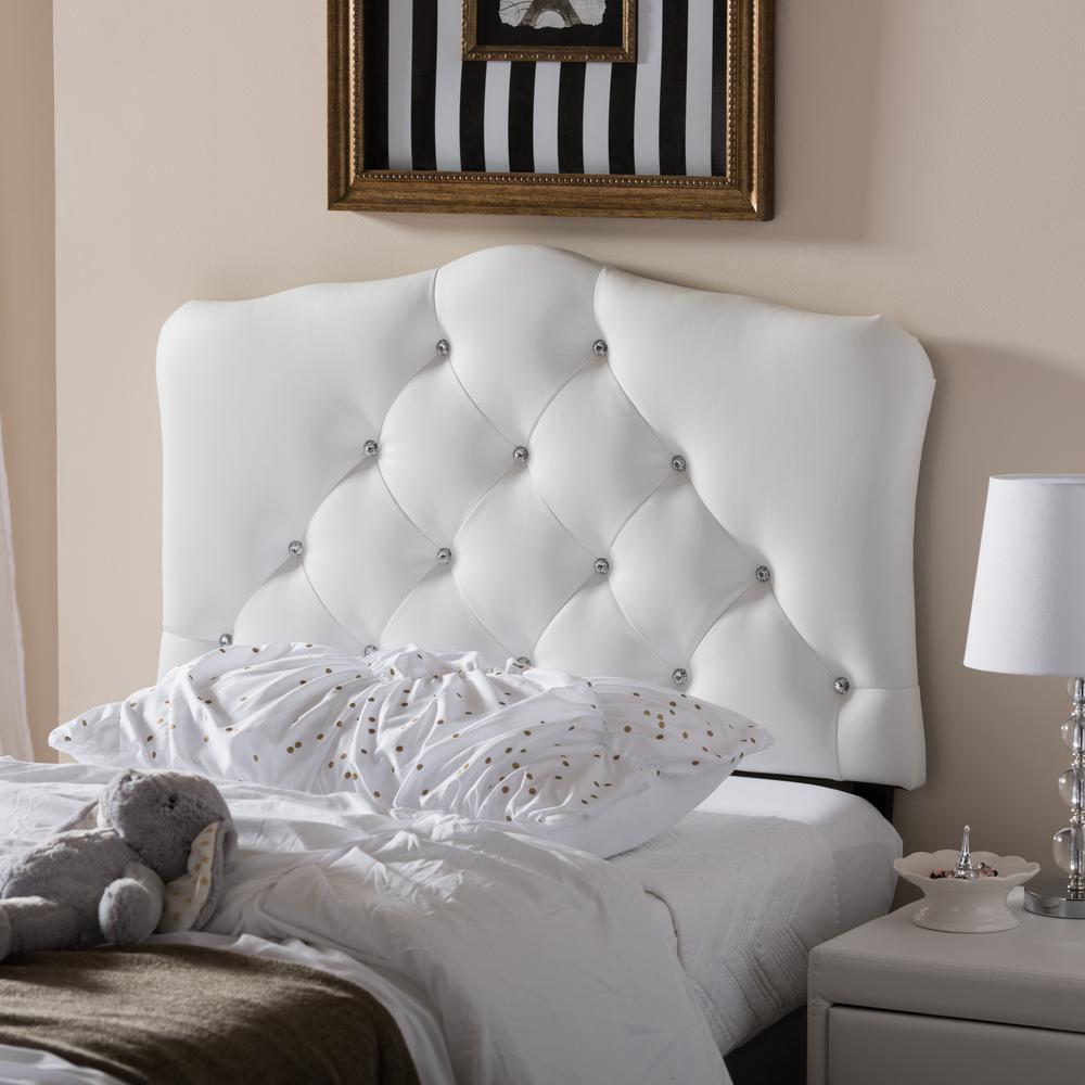 White Faux Leather Upholstered Button-Tufted Scalloped Twin Size Headboard. Picture 5