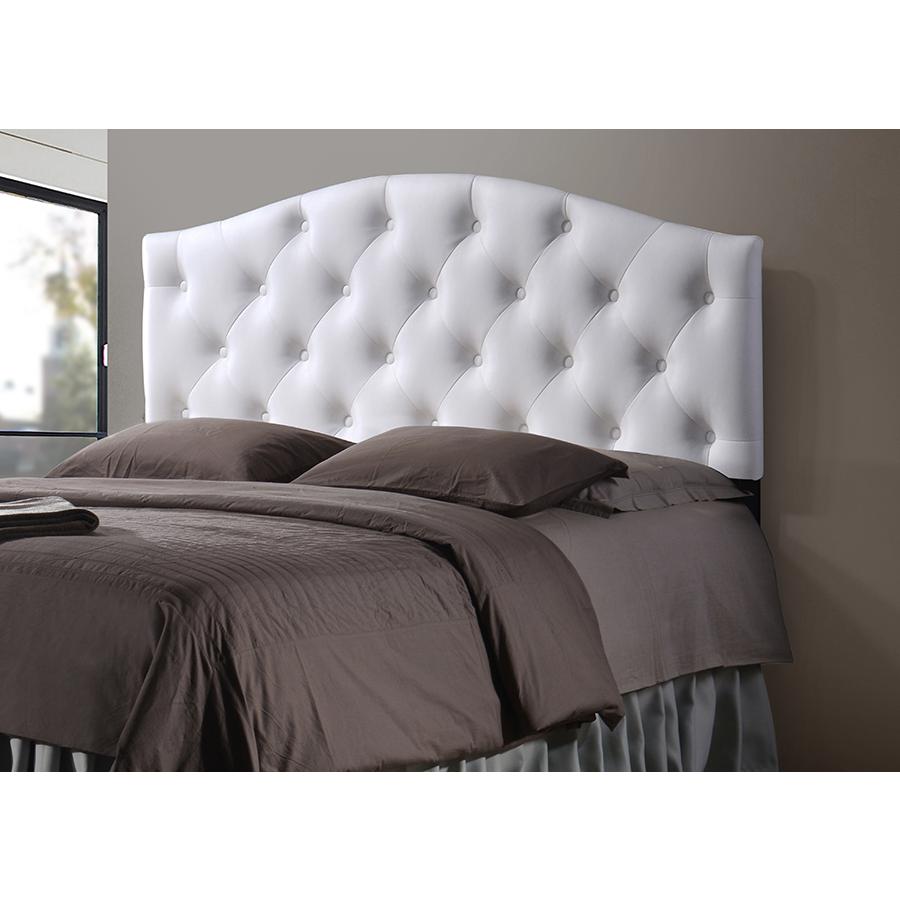 Queen Size White Faux Leather Upholstered Button-tufted Scalloped Headboard. Picture 1