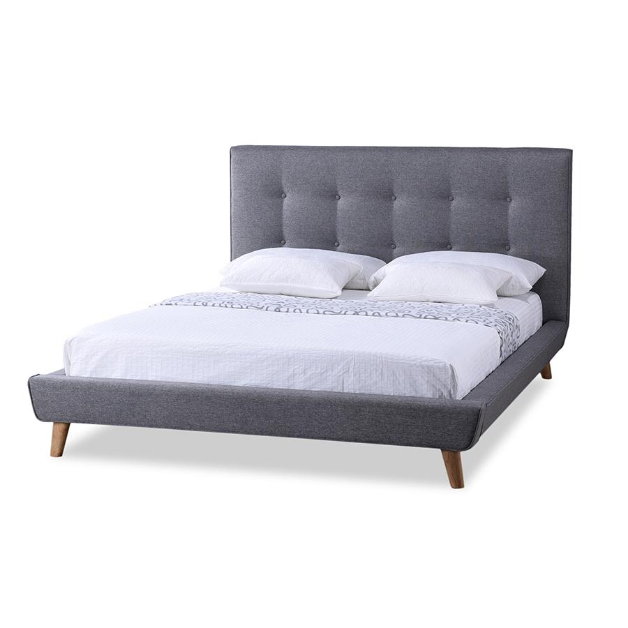 Mid-century Grey Fabric Upholstered Queen Size Platform Bed. Picture 4