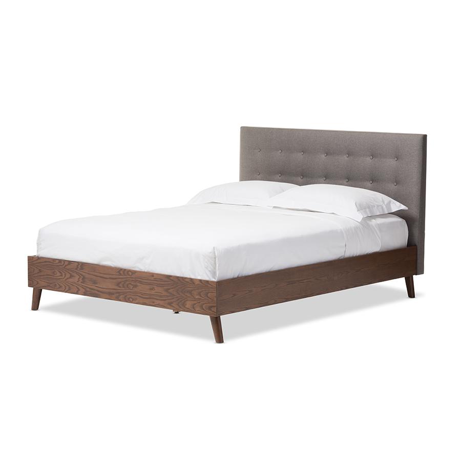 Grey Fabric Upholstered Walnut Wood Queen Size Platform Bed. Picture 5
