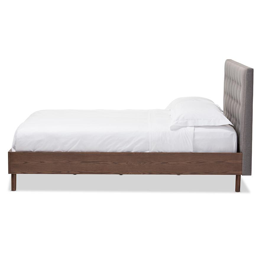 Grey Fabric Upholstered Walnut Wood Queen Size Platform Bed. Picture 3