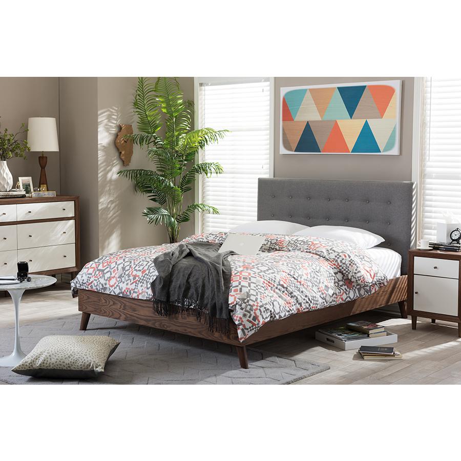 Grey Fabric Upholstered Walnut Wood Queen Size Platform Bed. Picture 4