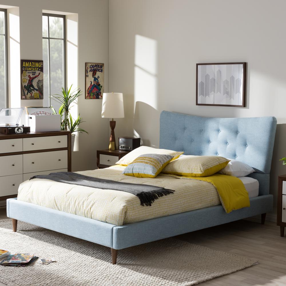 Baxton Studio Hannah Mid-Century Modern Sky Blue Fabric Queen Size Platform Bed. Picture 6