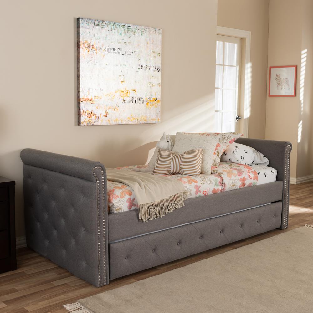 Grey Fabric Tufted Twin Size Daybed with Roll-out Trundle Guest Bed. Picture 23